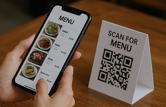 смартфон и табличка с QR-кодом