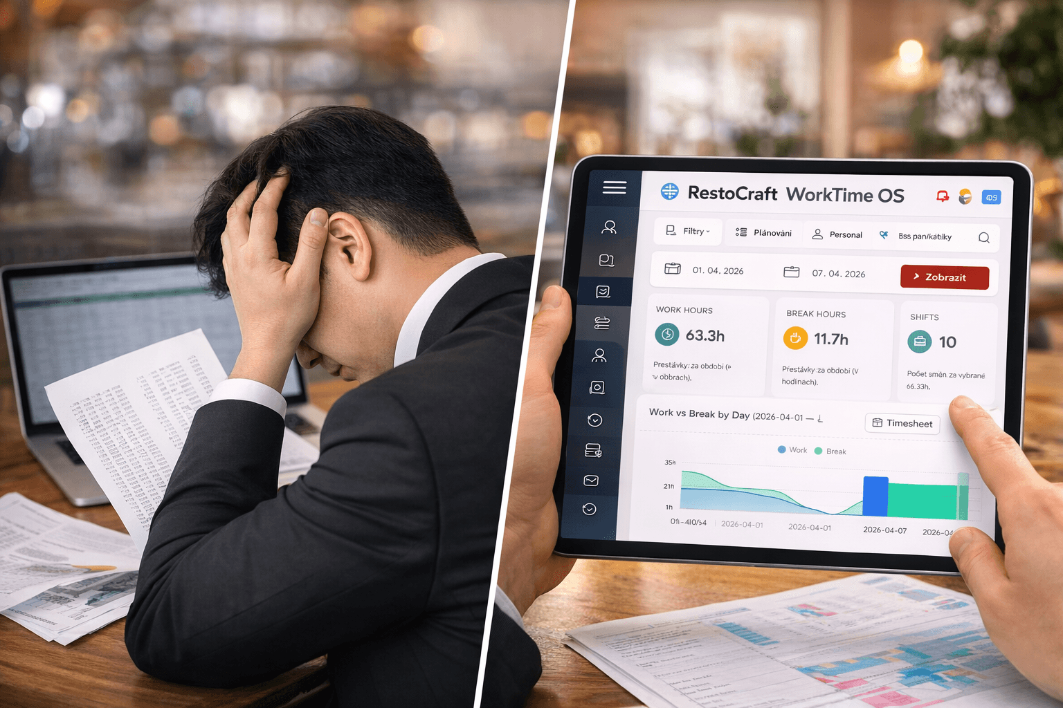 docházkový systém vs excel v restauraci – manažer řeší docházku zaměstnanců a digitální řešení WorkTime OS
